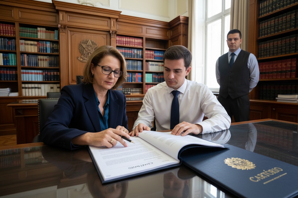 Uma mulher e um homem analisam um documento oficial em uma mesa de escritório com estantes de livros ao fundo, enquanto um homem de colete observa em pé.